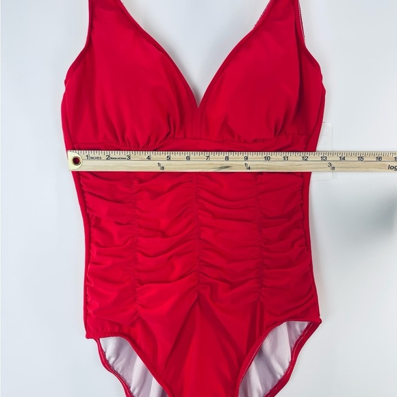 Swim Solutions Shirred Wide Strap One Piece Swimsuit Size 8 Coral Orange - Picture 8 of 8